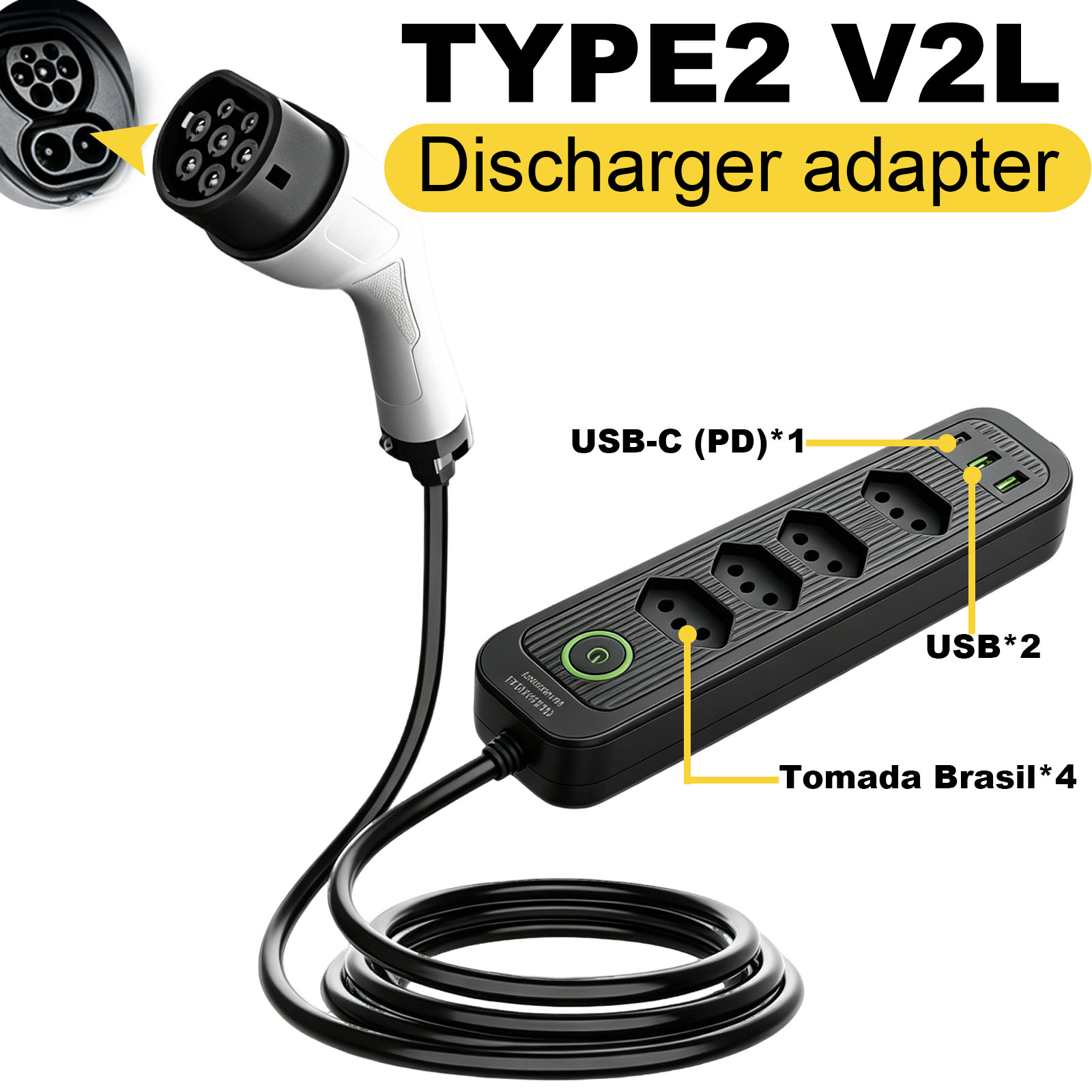 Outdoor Power Hub - Type2 V2L Discharge Adapter 16A Brazil